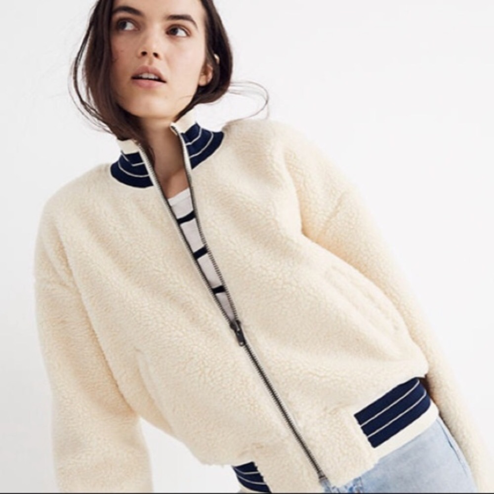 Madewell Cream Sherpa Bomber Jacket with Navy Trim